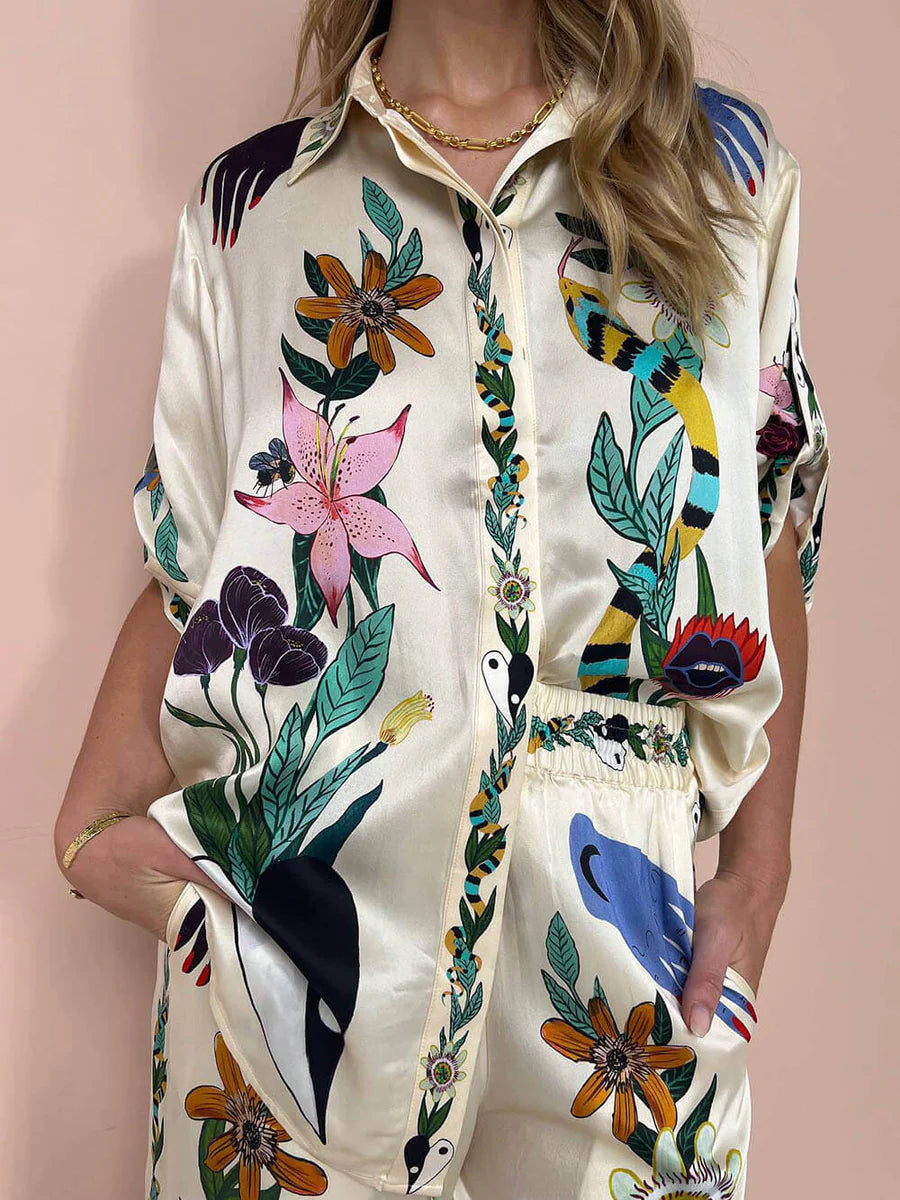 Maya - Stijlvol bijpassend shirt en broek met wijde pijpen met levendige prints
