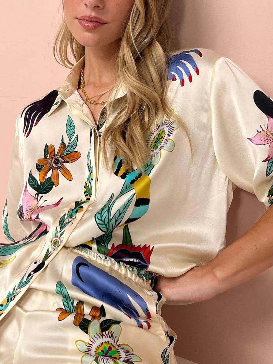 Maya - Stijlvol bijpassend shirt en broek met wijde pijpen met levendige prints