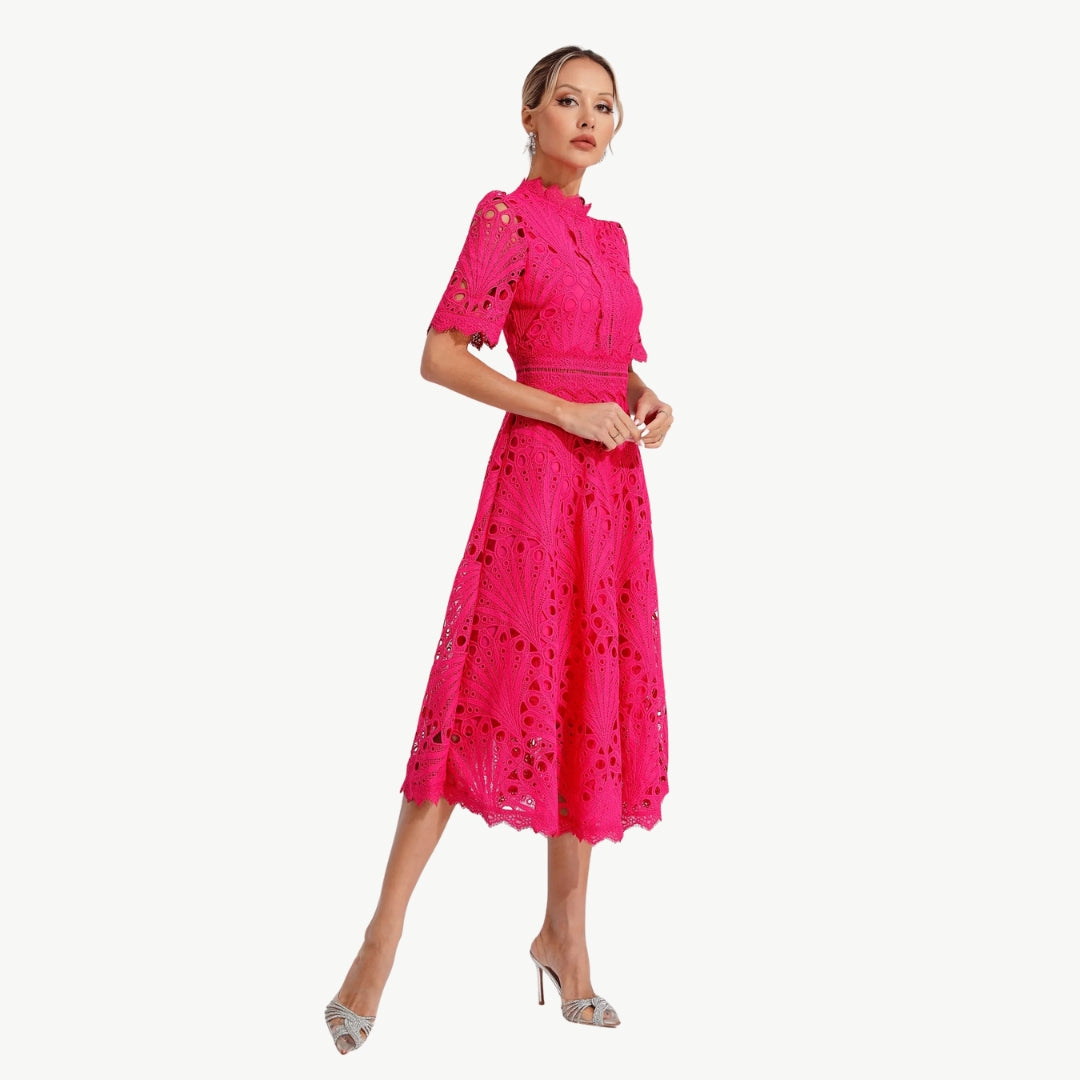 Elizabeth - Kant Jurk met Holle Details Ronde Hals en Middenkuit Lengte
