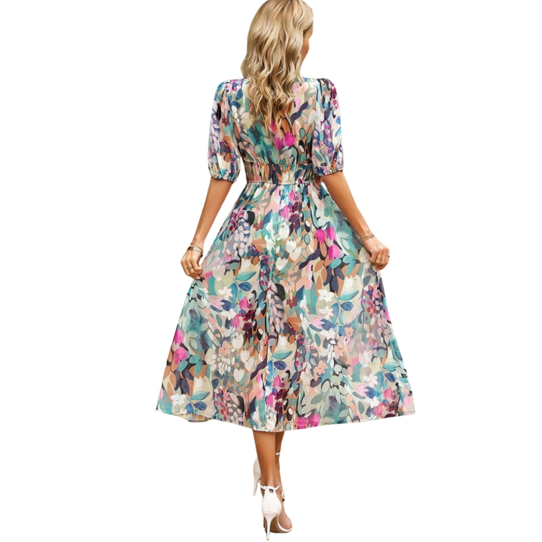 Isabella - Bloemen Midi Jurk met V Hals en Korte Mouwen