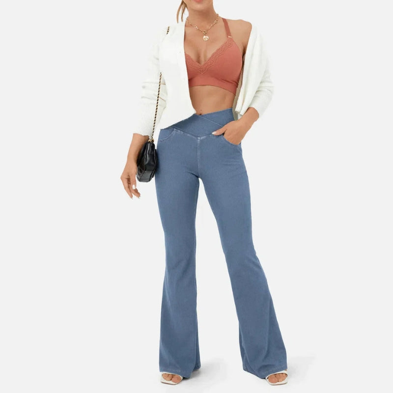Aria – Retro hoge taille Uitlopende Jeans met Kruisende Tailleband