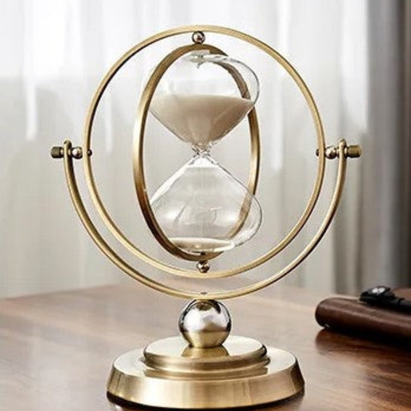 Timeloft – Artistieke ronde zandloper met atoomachtig montuur en vloeiend zanddesign