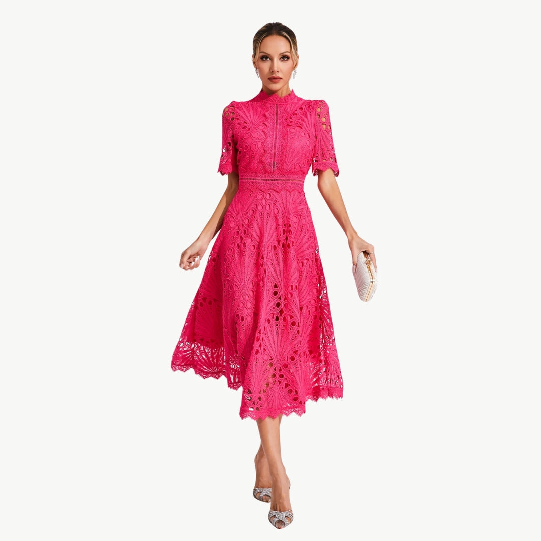 Elizabeth - Kant Jurk met Holle Details Ronde Hals en Middenkuit Lengte