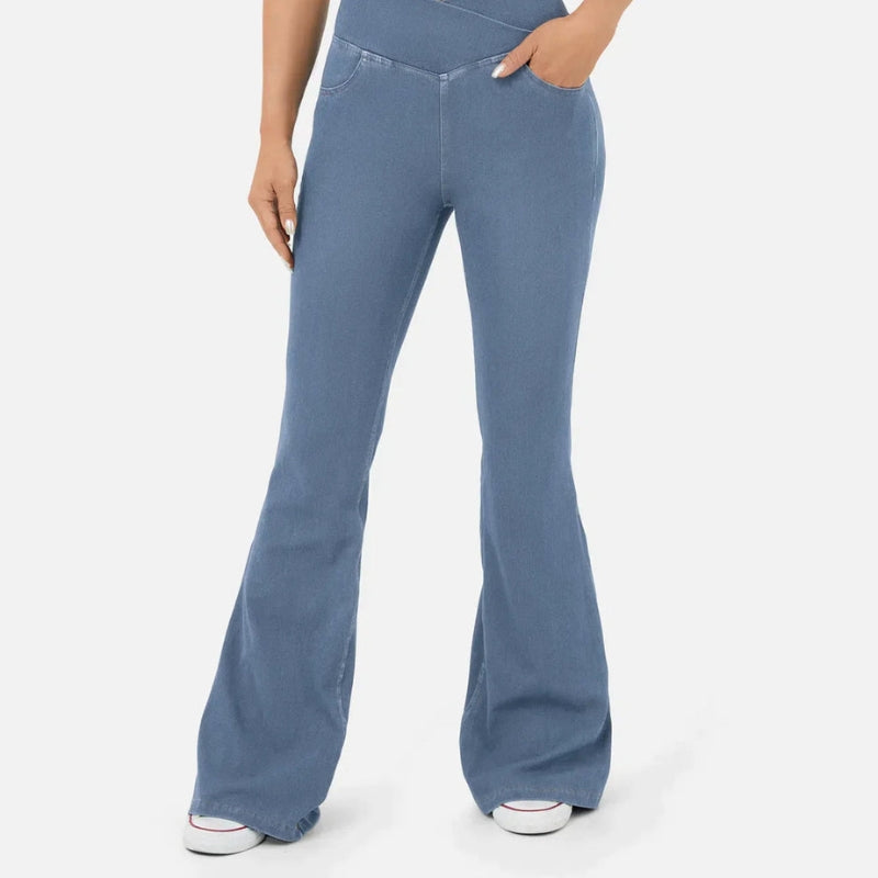 Aria – Retro hoge taille Uitlopende Jeans met Kruisende Tailleband