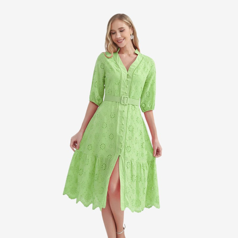 Nancy - Korte Mouwen Jurk met Opstaande Kraag en Knoopsluiting