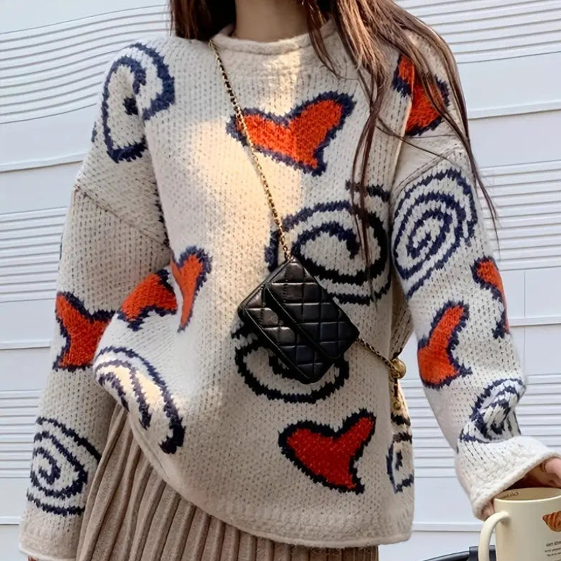 Amber – Oversized trui met lange mouwen ronde hals en hartontwerp