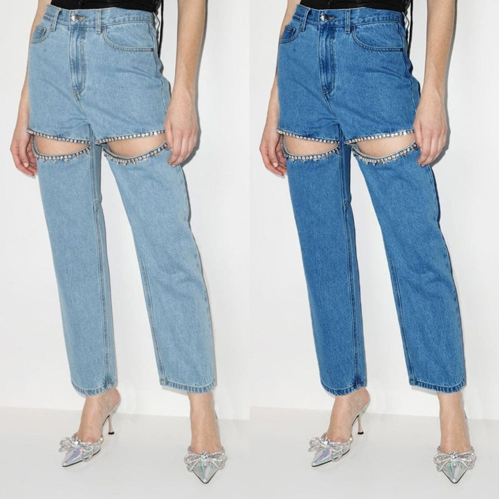 Stella - Stijlvolle jeans met hoge taille gestreepte uitsparing en praktische zakken