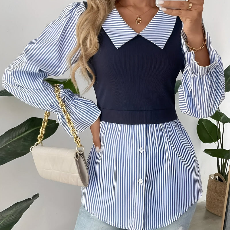 Wilma – Blouse met Lange Mouwen Reverskraag Knoopsluiting en Gestreept Patroon