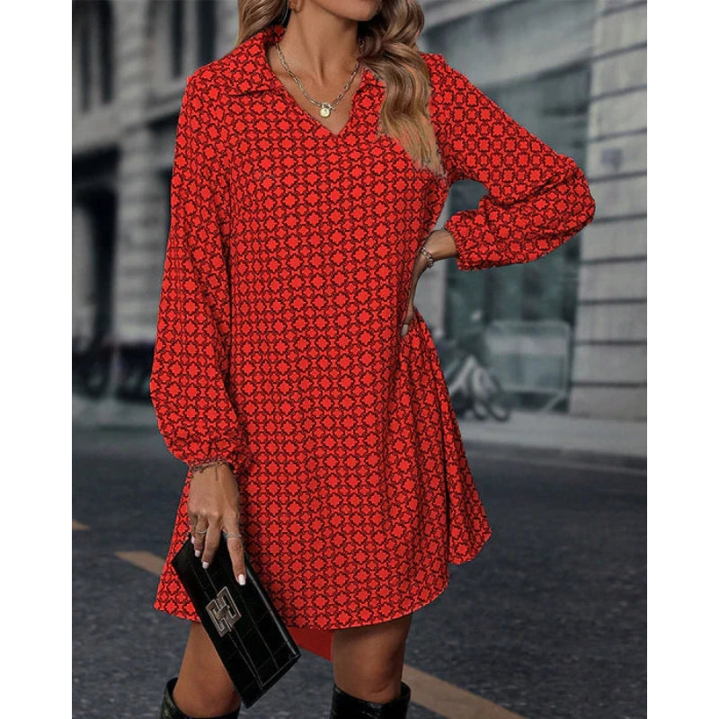 Serina – Trendy geometrische print mini-jurk met lange mouwen en losse pasvorm