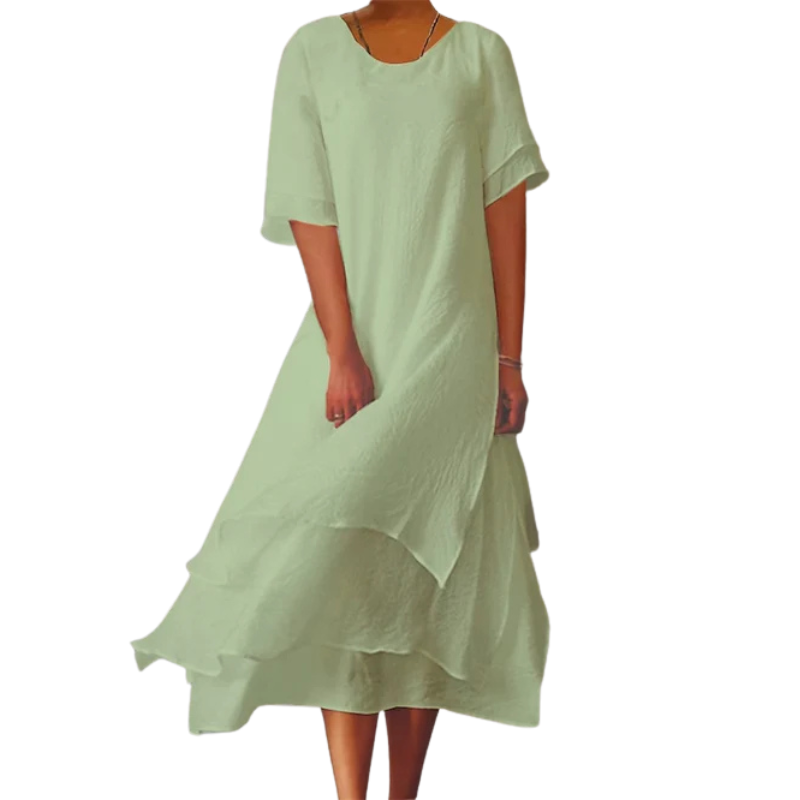 Sophie – Korte Mouwen Color-Block Jurk met Ronde Hals en Zijsplit