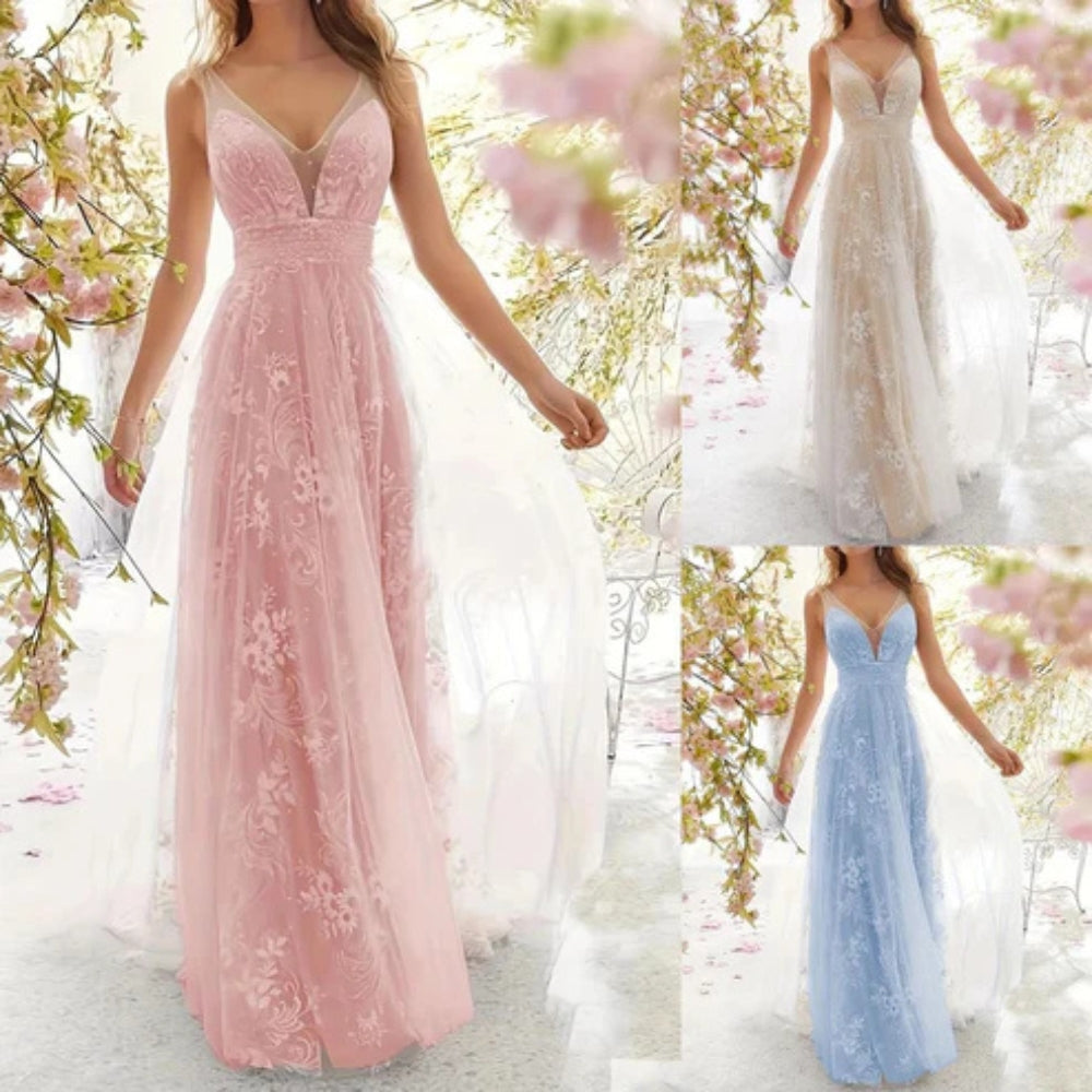 Lena – Elegante lange jurk met diepe V-hals en hoog geplooide tailledetail