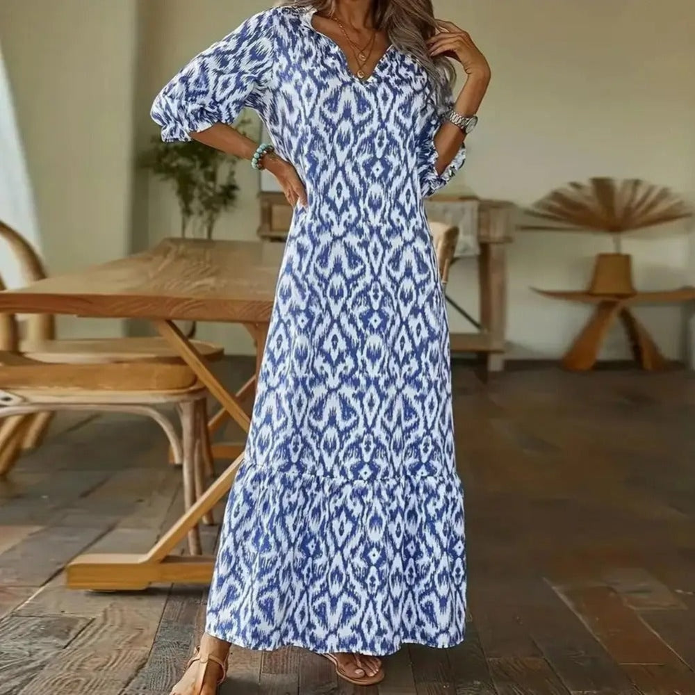 Hannah – Stijlvolle maxi-jurk met lange mouwen en V-hals