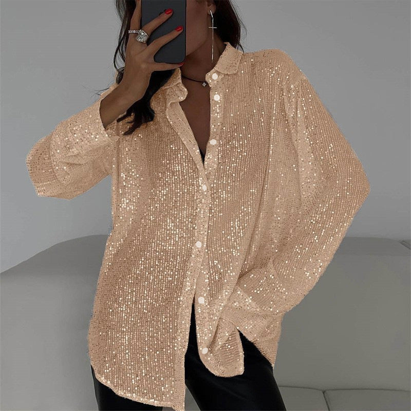 Luna - Sequin blouse met lange mouwen en klassieke kraag