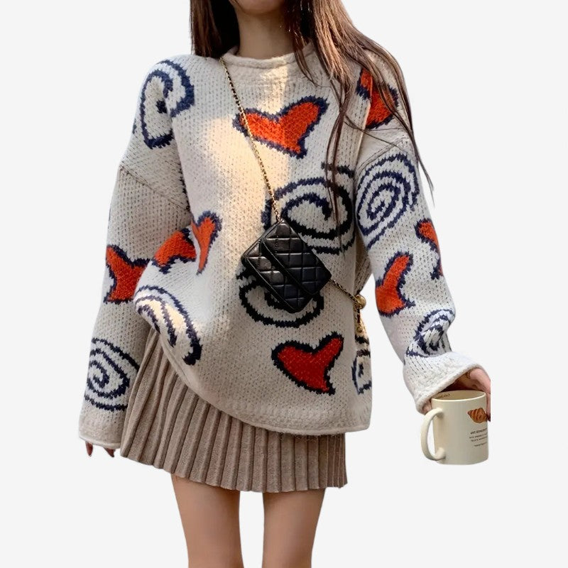 Amber – Oversized trui met lange mouwen ronde hals en hartontwerp