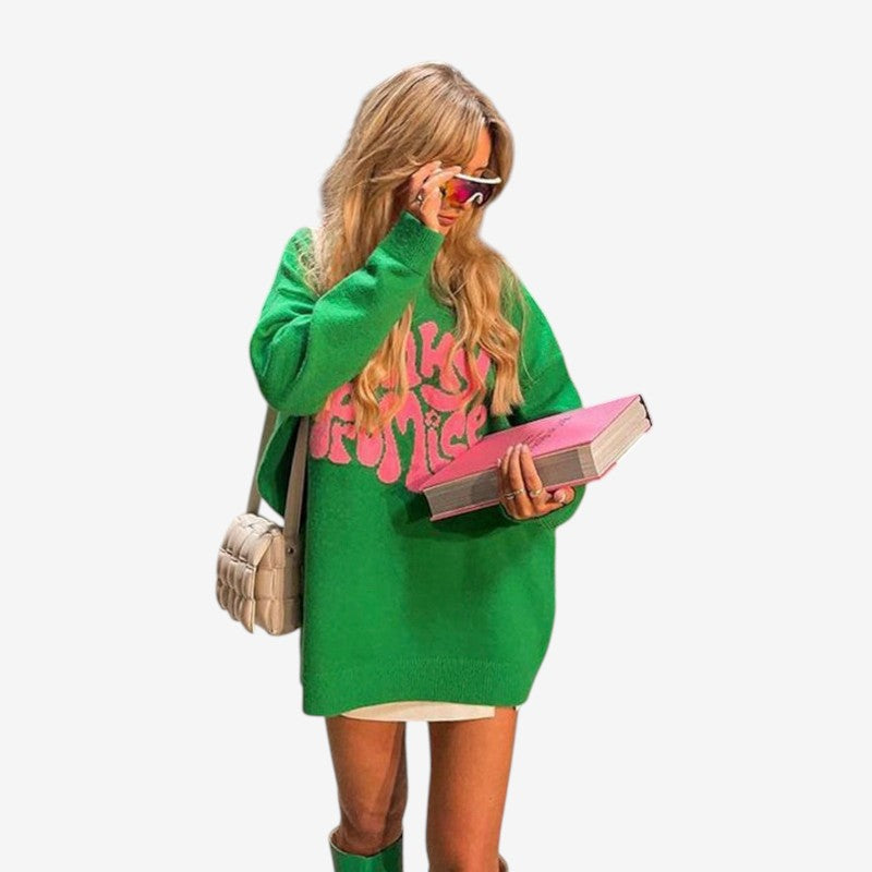 Beyonce - Lange Mouw Mini Trui Jurk met Ronde Hals en Geribbelde Details