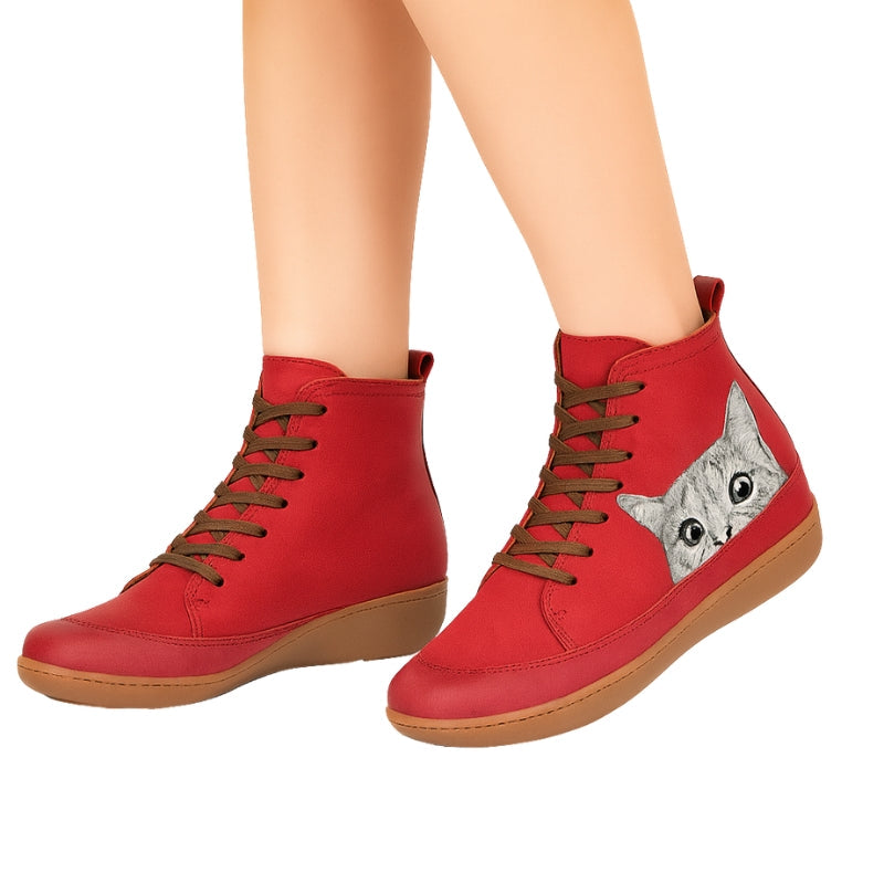 Selena – Enkellaarsjes met ronde neus en kattenmotief