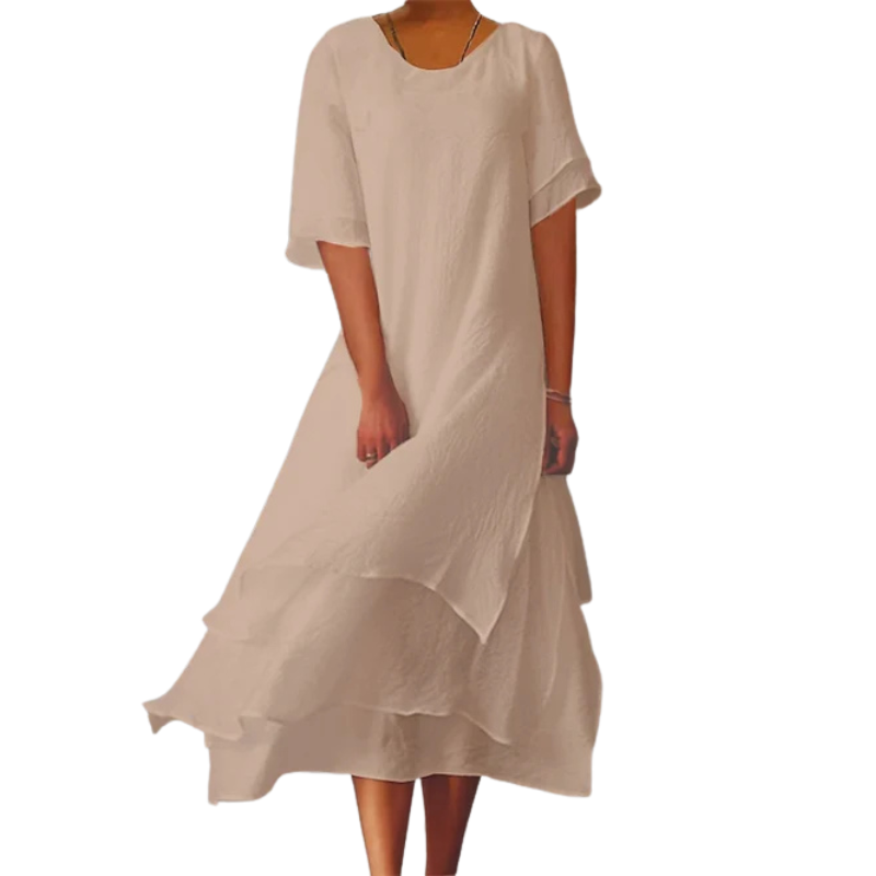 Sophie – Korte Mouwen Color-Block Jurk met Ronde Hals en Zijsplit