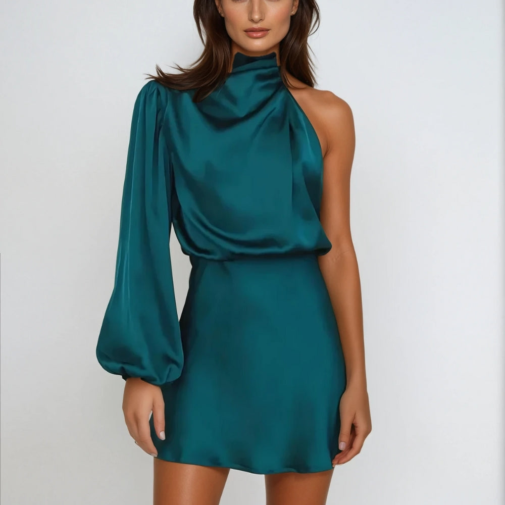 Olivia – Elegante midi-jurk met één schouder lange pofmouwen en vloeiend silhouet