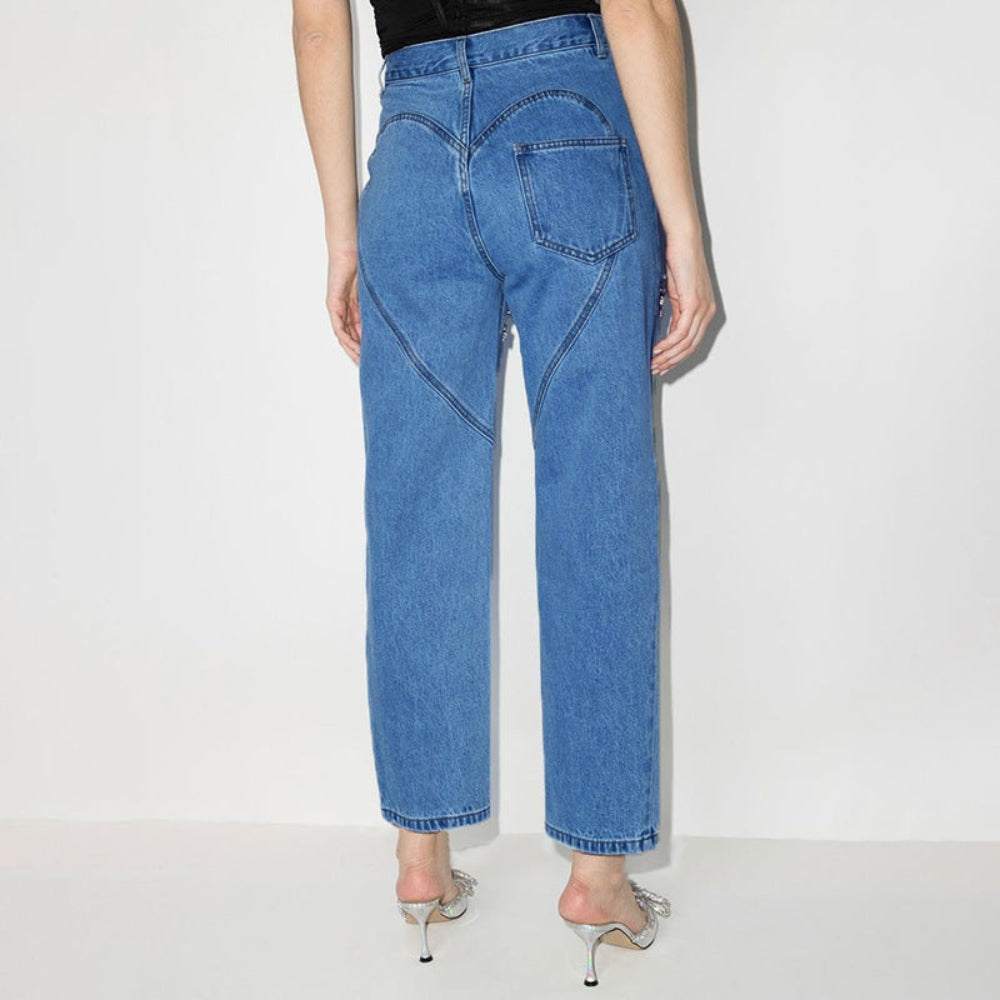 Stella - Stijlvolle jeans met hoge taille gestreepte uitsparing en praktische zakken