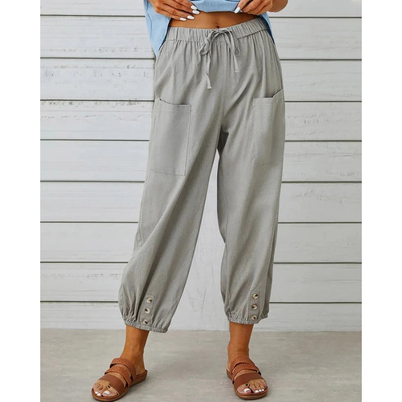 Mila – Relaxed Fit Broek met Trekkoord Taille en Zakken details