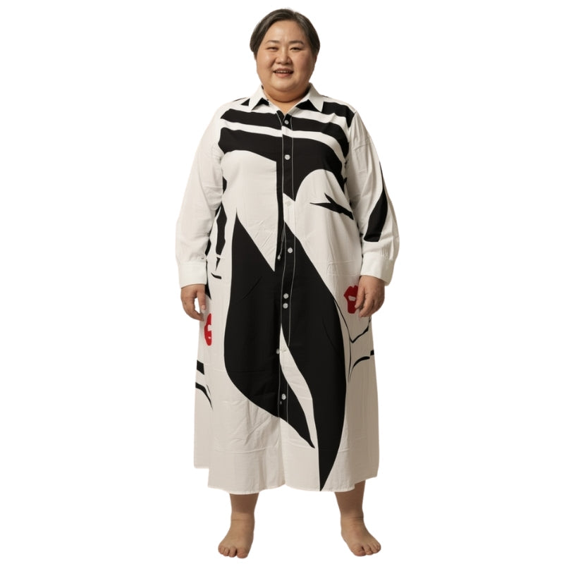 Abigail – Lange Mouw Gedrukt Hemdjurk met Knopen en Zakjes