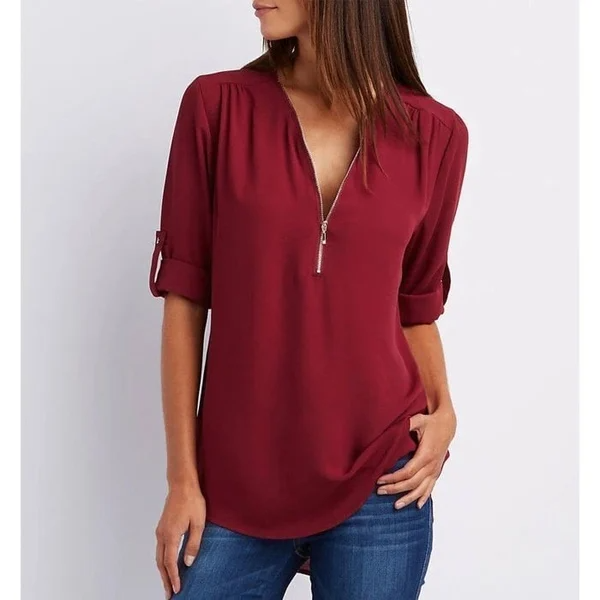 Siena – Losse blouse met ritssluiting aan de voorkant en diepe V-hals