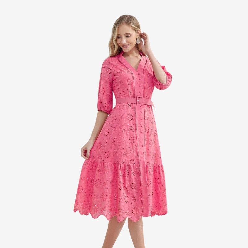 Nancy - Korte Mouwen Jurk met Opstaande Kraag en Knoopsluiting