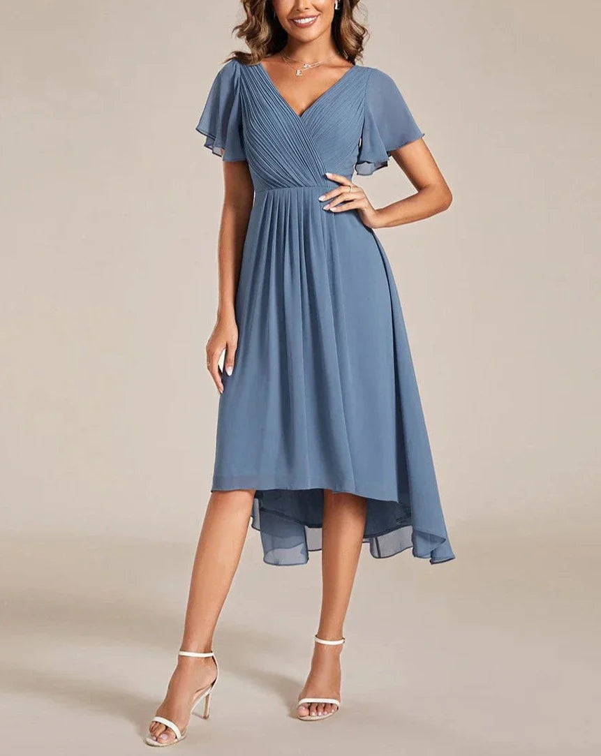 Sophia – Midi Jurk met Korte Mouwen en V-Halslijn