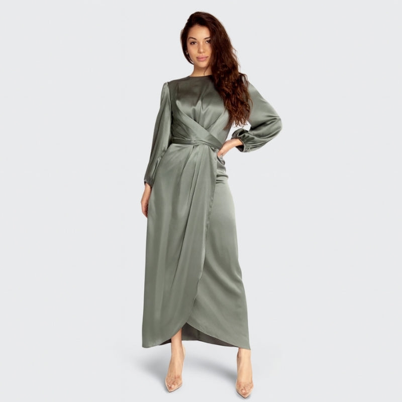 Elena - Moderne Lange Jurk met Pofmouwen en Taille Detail