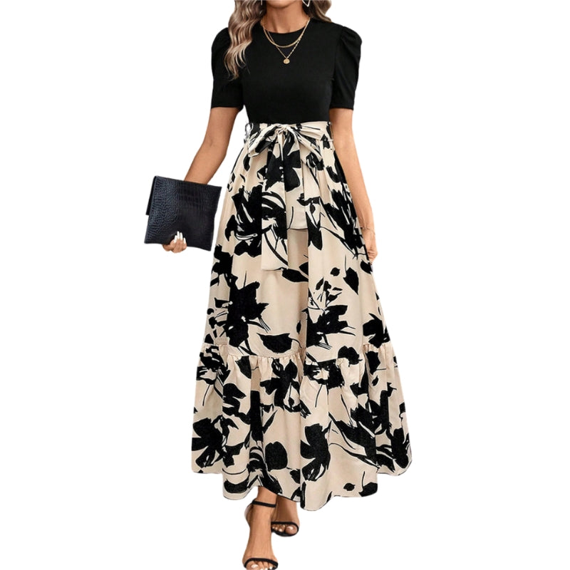 Lily – Lange jurk met bloemenprint en korte mouwen