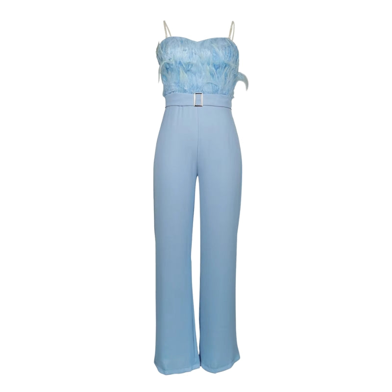 Aria – Mouwloze Off Schouder Jumpsuit met Veerdetails en Riemgesp