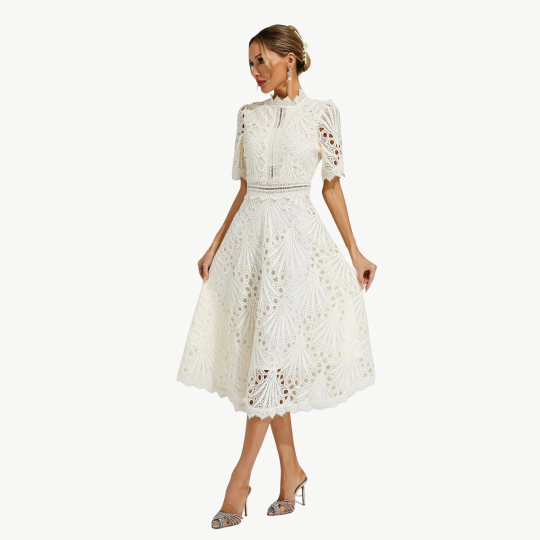 Elizabeth - Kant Jurk met Holle Details Ronde Hals en Middenkuit Lengte