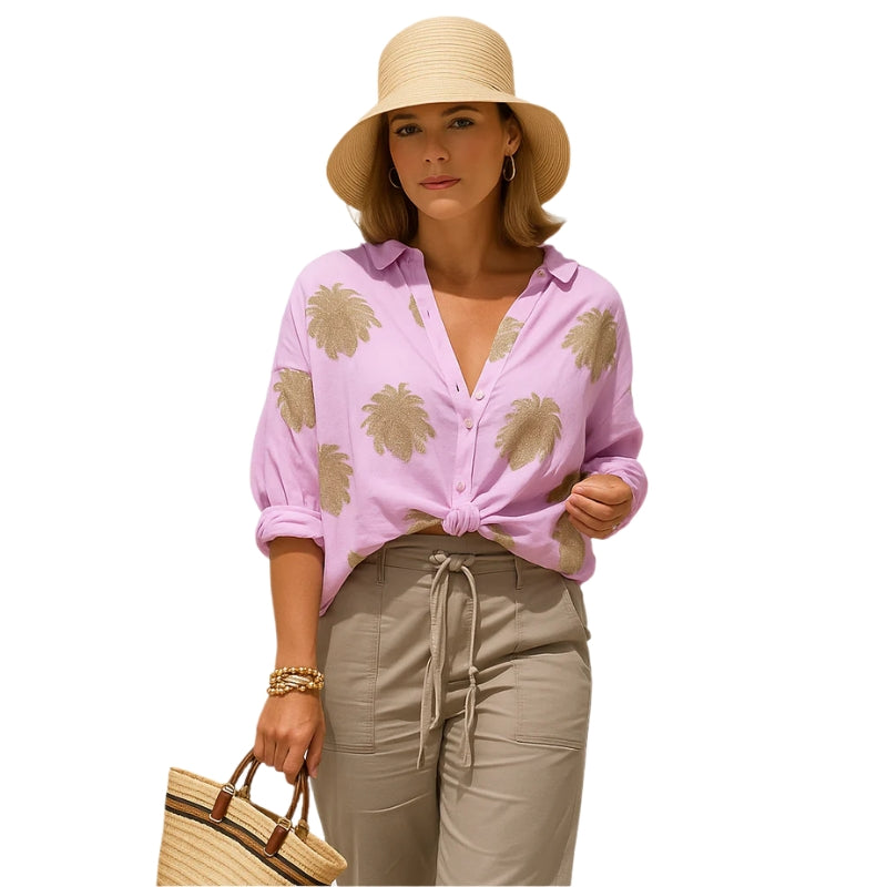 Isla – Blouse met lange mouwen, knoopsluiting en V-hals