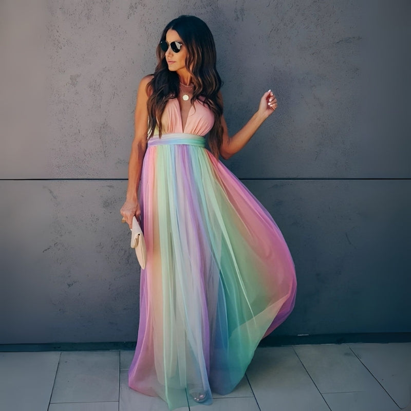 Kiera - Mouwloze Maxi Jurk met Regenboogprint en V Hals