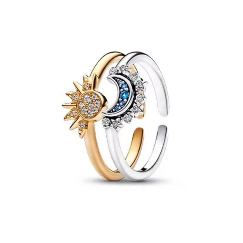 Jasmin – Verstelbare Metalen Set Couple Ringen met Zon- en Maankristal