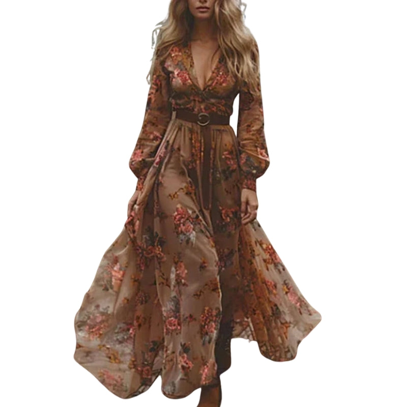 Maria - Bloemen Maxi Jurk met Lange Mouwen en V hals
