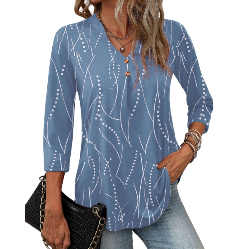 Isla – Bedrukte Blouse met V Hals en Knoopdetails