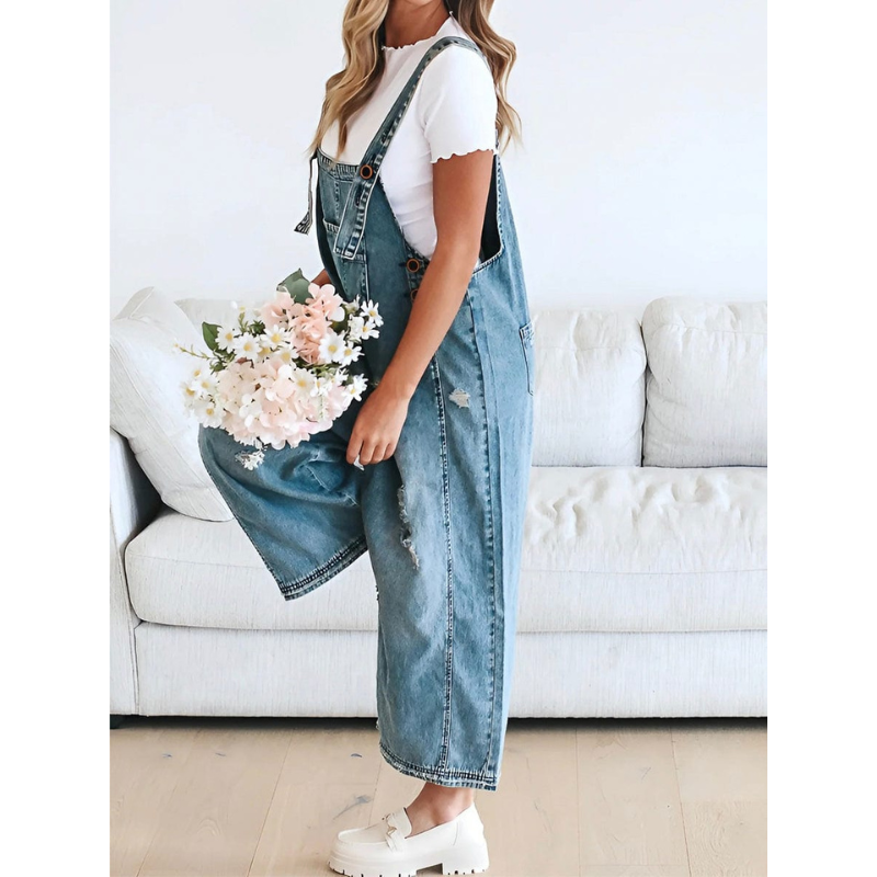 Lydia – Mouwloze Denim Jumpsuit met Wijde Pijpen en Verstelbare Bandjes