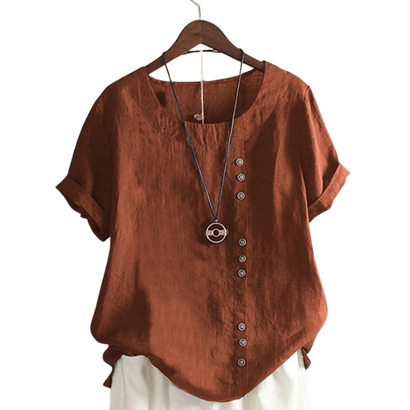 Ava – Klassieke Losse Pasvorm O Hals Shirt met Knopen