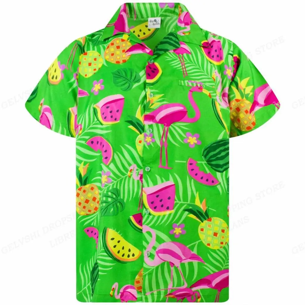 Marco - Overhemd met tropische flamingoprint en korte mouwen