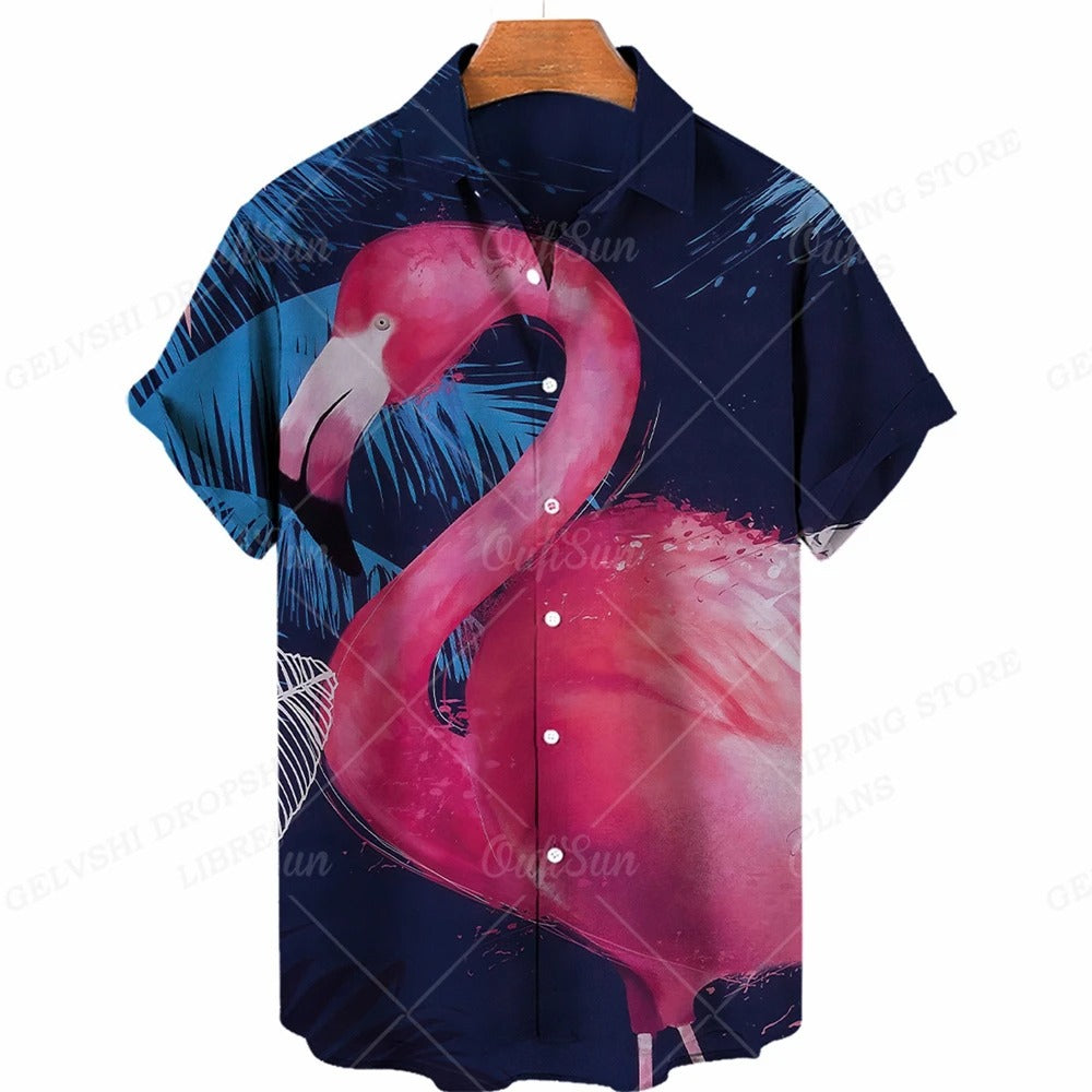 Marco - Overhemd met tropische flamingoprint en korte mouwen