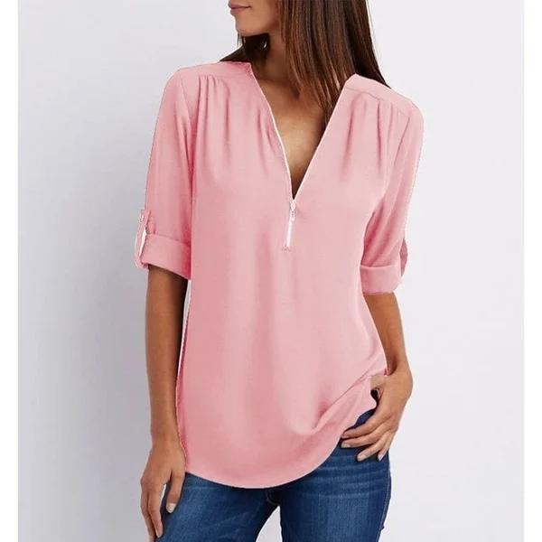Siena – Losse blouse met ritssluiting aan de voorkant en diepe V-hals