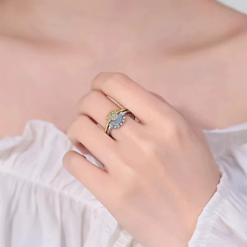 Jasmin – Verstelbare Metalen Set Couple Ringen met Zon- en Maankristal