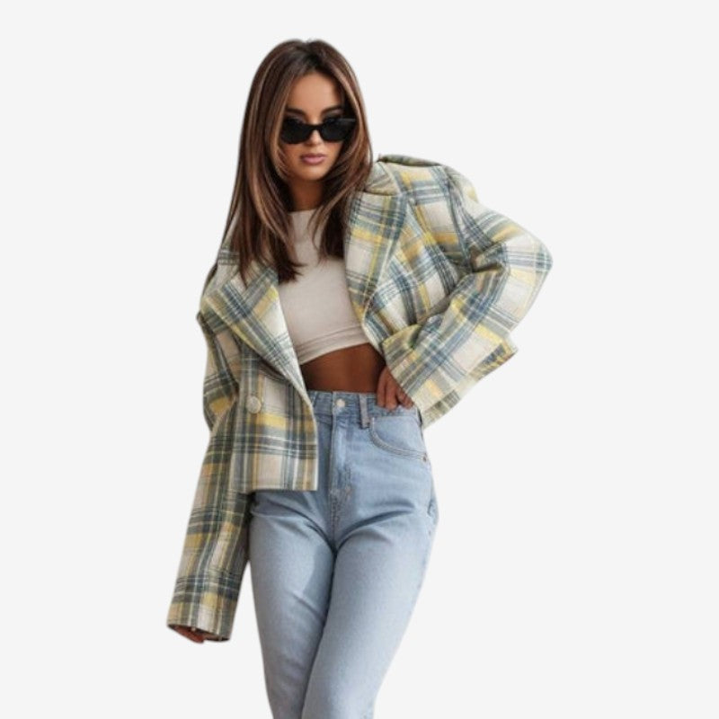 Victoria - Lange Mouw Geruite Jas met Reverskraag en Knopen aan de Voorkant