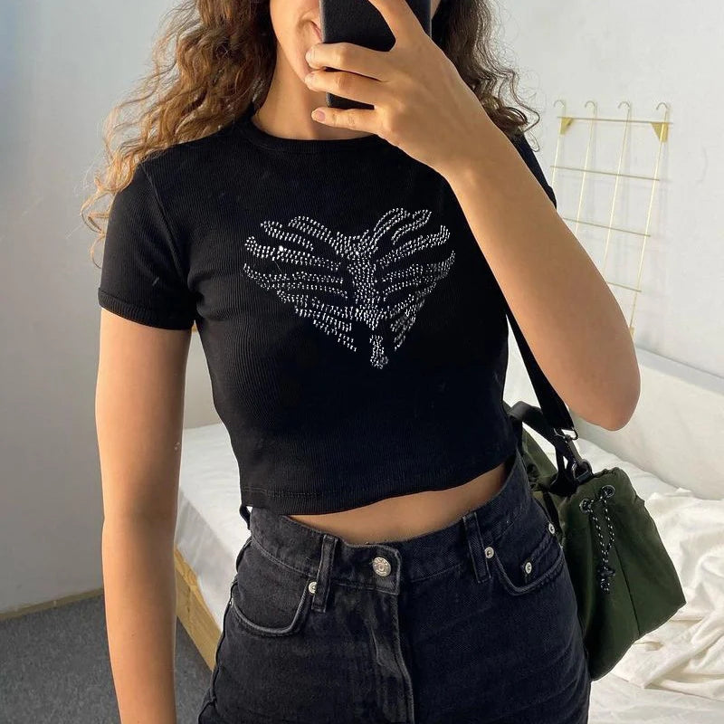 Riley - Crop Top met Vlinderprint en Ronde Hals