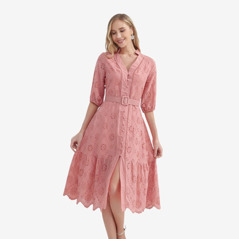 Nancy - Korte Mouwen Jurk met Opstaande Kraag en Knoopsluiting