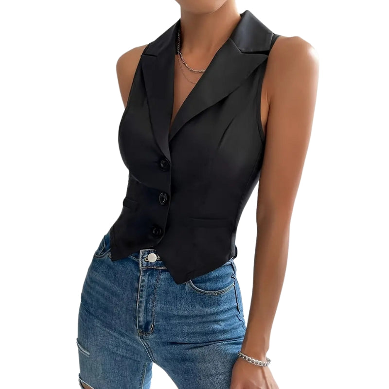 Ava - Mouwloos vest met inkepingen in de revers en knoopsluiting