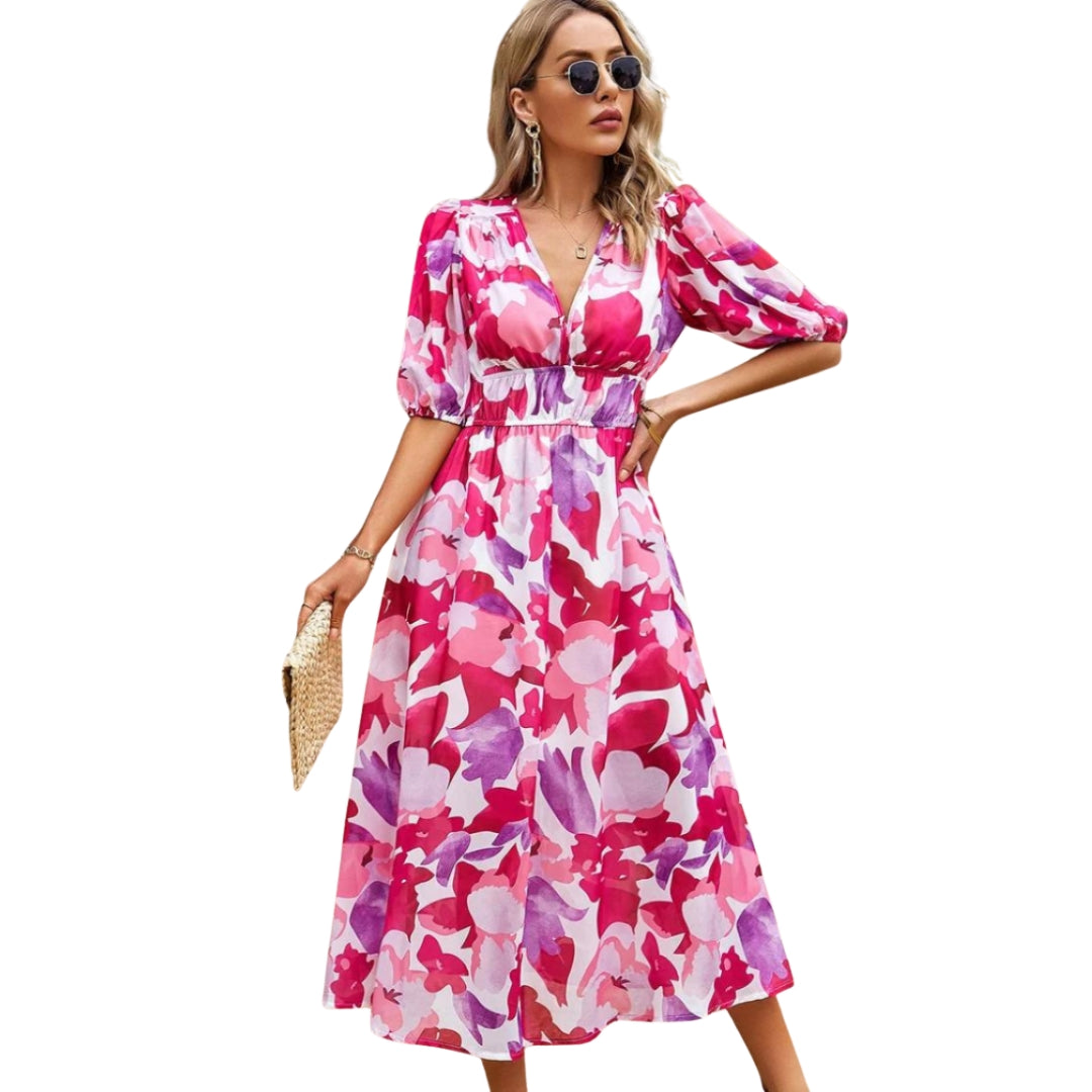 Isabella - Bloemen Midi Jurk met V Hals en Korte Mouwen