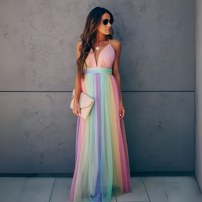 Kiera - Mouwloze Maxi Jurk met Regenboogprint en V Hals