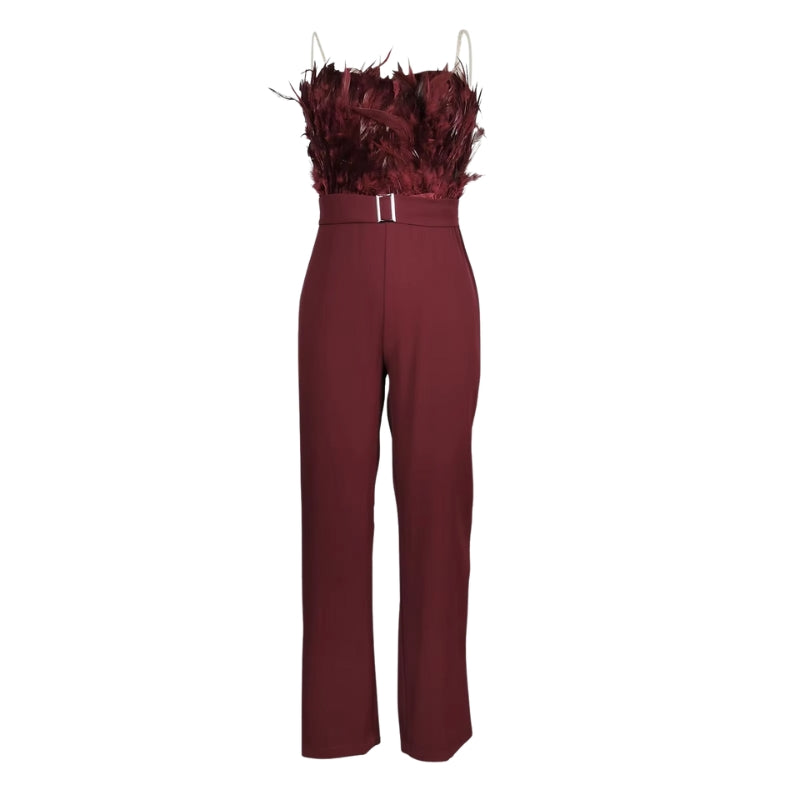 Aria – Mouwloze Off Schouder Jumpsuit met Veerdetails en Riemgesp